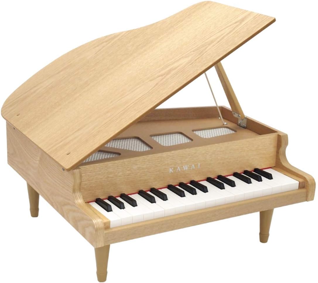 Kawai acoustic grand piano with natural wood finish, open lid showing internal strings and hammers